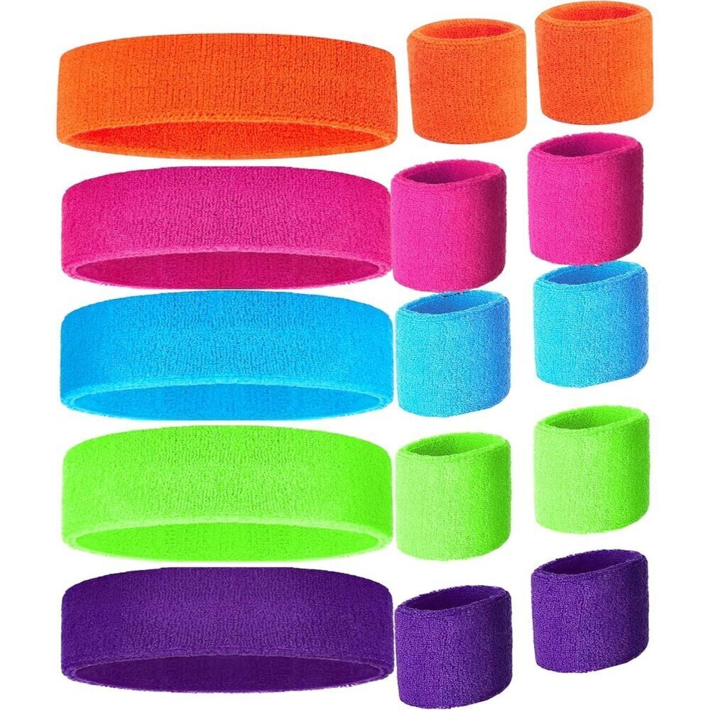 Workout Headbands and Wristbands Set for Women Men 80s Neon Sport Gear